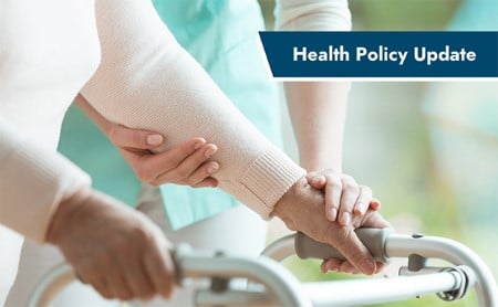 Midsection shot of an elderly person's hands on a walker being helped by a healthcare worker. ASTHO Health Policy Update in the upper right