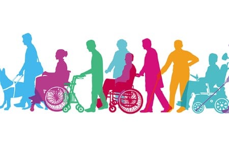 Colorful illustration of silhouettes of many disabled people and their aids