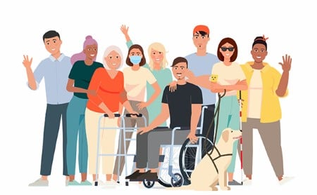 Illustration of a diverse group of happy, disabled people
