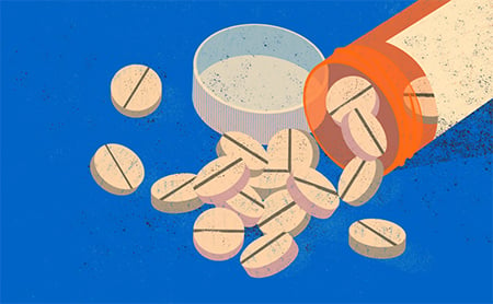 Illustration of pills spilling from an overturned prescription bottle