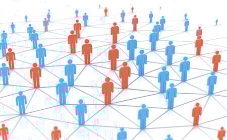 Illustration of red and blue human figures connected by lines in a network pattern.