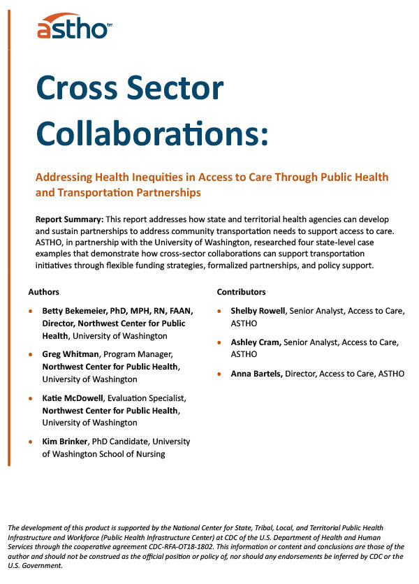 Cover page of Cross Sector Collaborations: Addressing Health Inequities in Access to Care Through Public Health and Transportation Partnerships