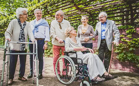 A group of six older adults in a garden, with one in a wheelchair and others standing or using a walker or cane.