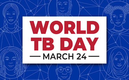 Logo for World Tuberculosis Day (March 24) overlaid on a background illustration of stylized headshots of people rendered in shades of blue