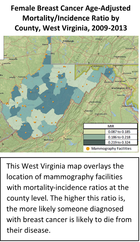 This West Virginia map overlays the location of mammography facilities with mortality-incidence ratios at the county level. The higher this ratio is, the more likely someone diagnosed with breast cancer is likely to die from their disease.