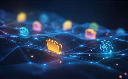 A digital network with glowing folder icons on a dark background, featuring blue neon lines and light points.