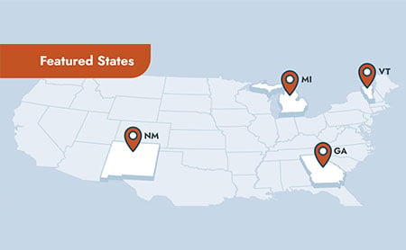 ASTHO graphic highlighting Georgia, Michigan, New Mexico, and Vermont as Featured Stories