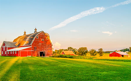 Red barn and farming fields