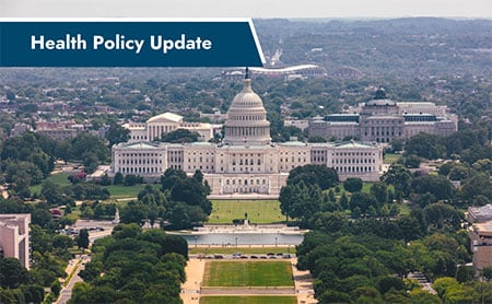 Aerial view of the U.S. Capitol with "Health Policy Update" text in the upper left corner.