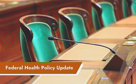 Wood and leather chairs in a hearing room. ASTHO Federal Health Policy Update banner in lower left