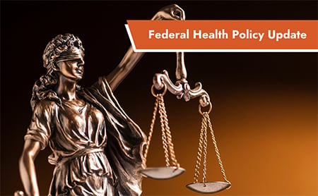 Bronze statue of Lady Justice on an orange background. ASTHO Federal Health Policy Update banner in the upper-right corner