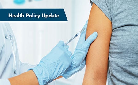 Healthcare professional administering a vaccine to a person’s upper arm, with the text ‘Health Policy Update’ displayed at the top.