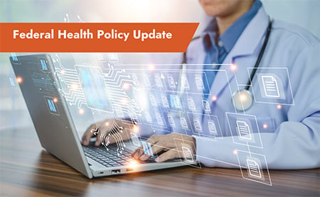 Medical professional using a laptop with digital icons and graphs overlaying the image, indicating data analysis or online research using AI; ‘Federal Health Policy Update’ is written at the top.