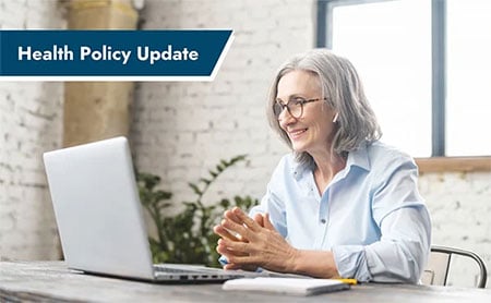 A senior woman using a laptop for a telehealth appointment, , ASTHO Health Policy Update banner in the upper-left corner