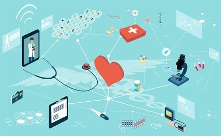 Illustration with many symbols related to accessible primary care, including a doctor on a tablet for a telehealth visit, a thermometer, a microscope, a heart, and medication