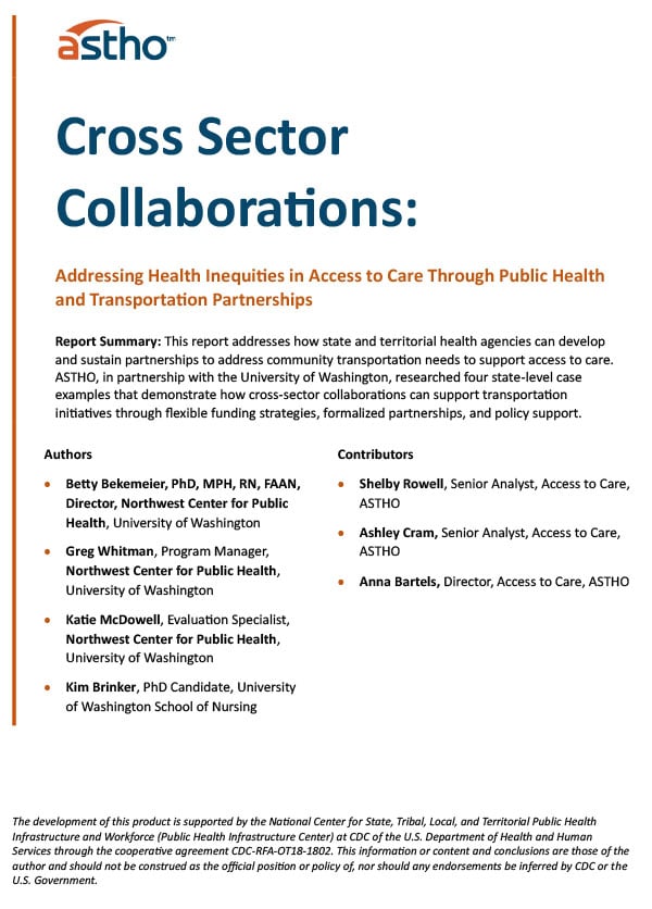 Cover page of Cross Sector Collaborations: Addressing Health Inequities in Access to Care Through Public Health and Transportation Partnerships