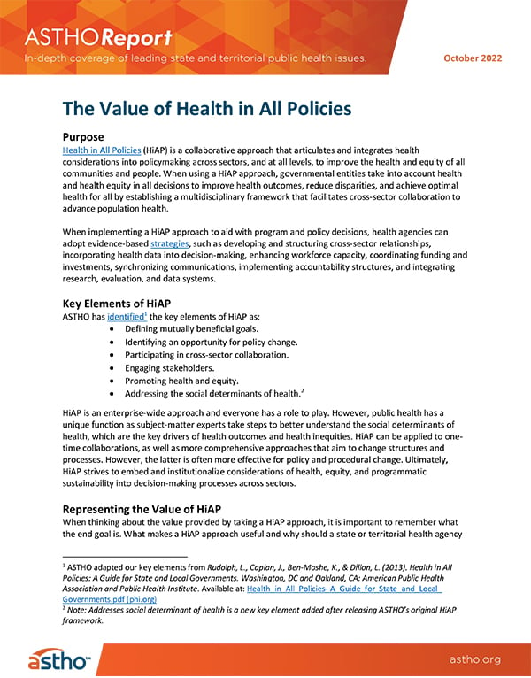Page 1 of ASTHOReport: The Value of Health in All Policies